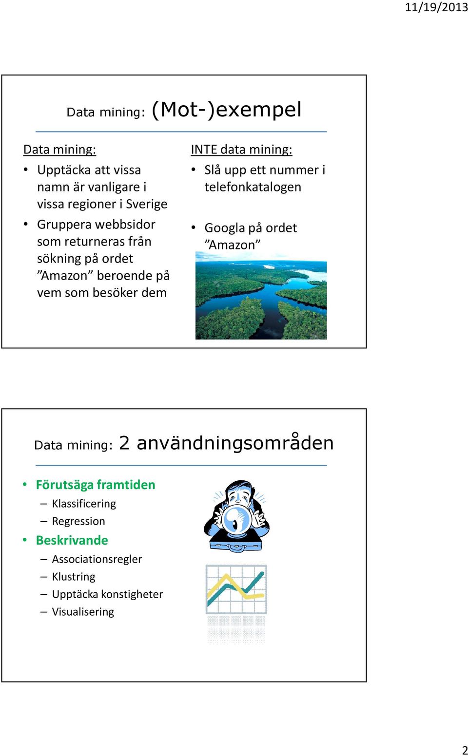 mining: Slå upp ett nummer i telefonkatalogen Googla på ordet Amazon Data mining: 2 användningsområden
