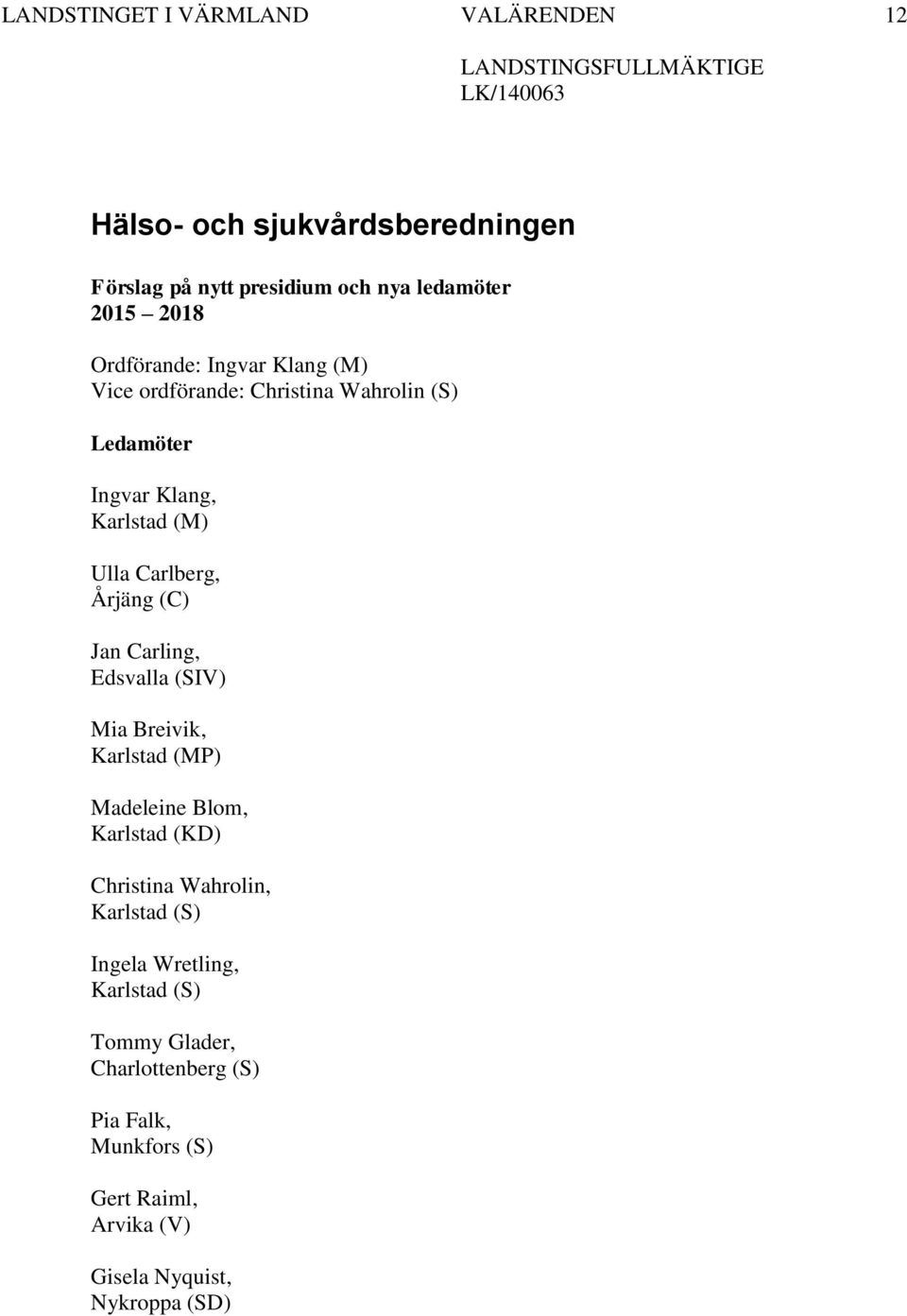 Carling, Edsvalla (SIV) Mia Breivik, Karlstad (MP) Madeleine Blom, Karlstad (KD) Christina Wahrolin, Ingela