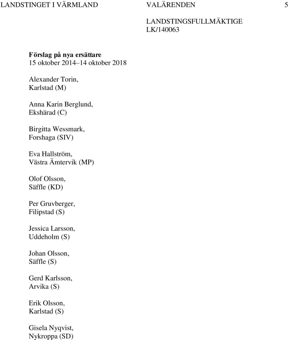 (MP) Olof Olsson, Säffle (KD) Per Gruvberger, Filipstad (S) Jessica Larsson, Uddeholm (S)