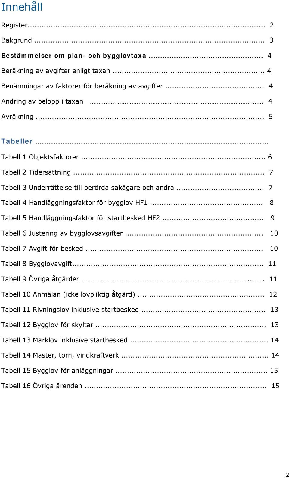 .. 8 Tabell 5 Handläggningsfaktor för startbesked HF2... 9 Tabell 6 Justering av bygglovsavgifter... 1 Tabell 7 Avgift för besked... 1 Tabell 8 Bygglovavgift... 11 Tabell 9 Övriga åtgärder.