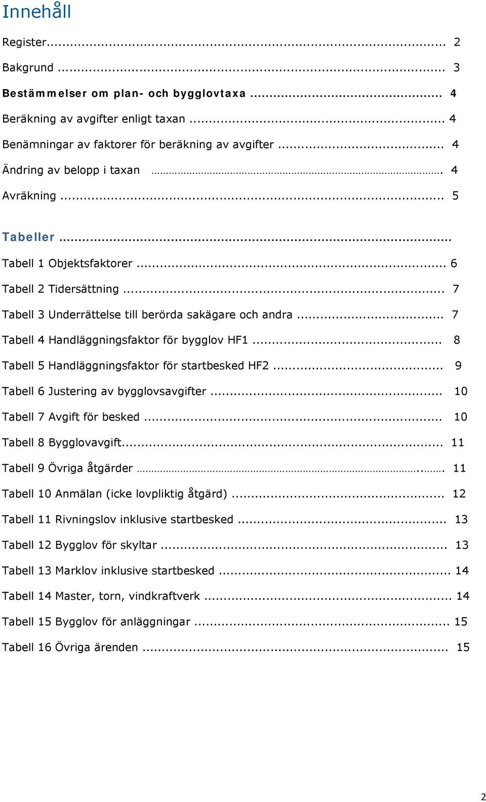 .. 8 Tabell 5 Handläggningsfaktor för startbesked HF2... 9 Tabell 6 Justering av bygglovsavgifter... 1 Tabell 7 Avgift för besked... 1 Tabell 8 Bygglovavgift... 11 Tabell 9 Övriga åtgärder.