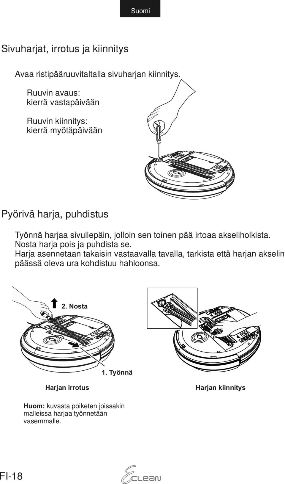 sen toinen pää irtoaa akseliholkista. Nosta harja pois ja puhdista se.