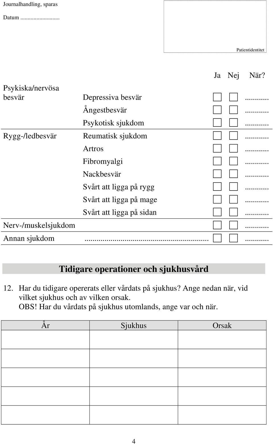 .. Nerv-/muskelsjukdom... Annan sjukdom...... Tidigare operationer och sjukhusvård 12.