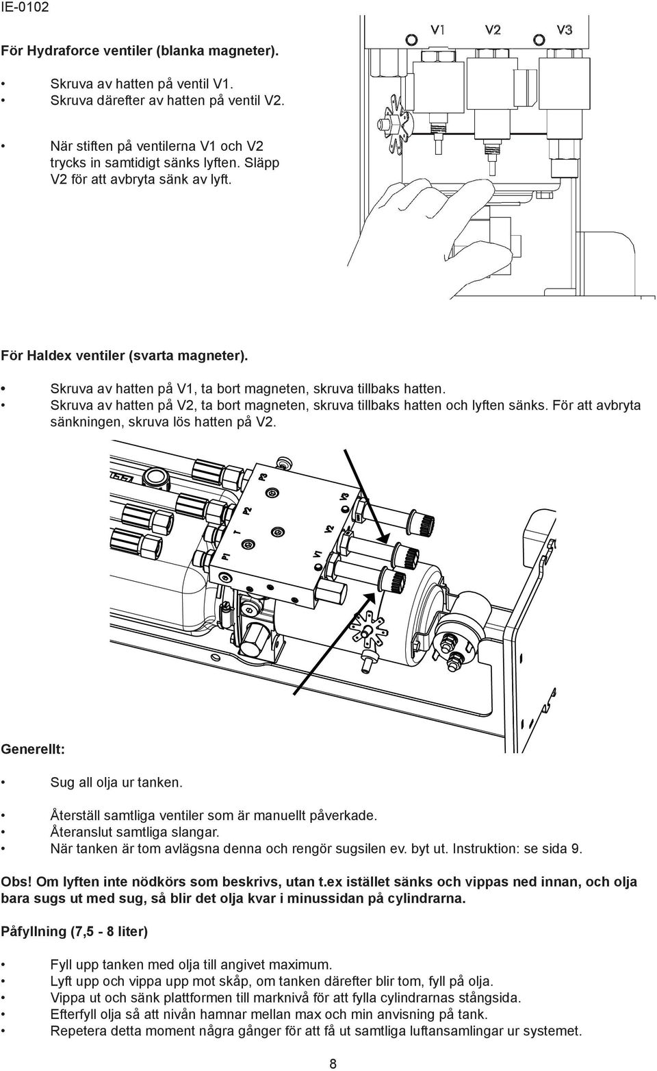 Skruva av hatten på V2, ta bort magneten, skruva tillbaks hatten och lyften sänks. För att avbryta sänkningen, skruva lös hatten på V2. Generellt: Sug all olja ur tanken.