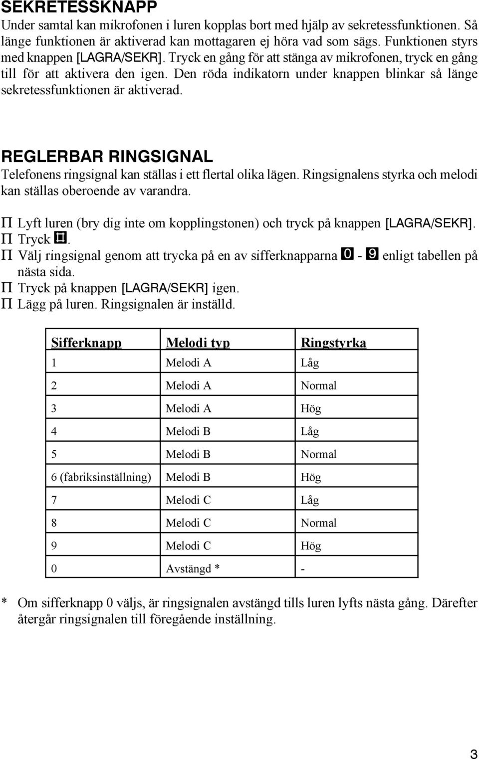 Den röda indikatorn under knappen blinkar så länge sekretessfunktionen är aktiverad. REGLERBAR RINGSIGNAL Telefonens ringsignal kan ställas i ett flertal olika lägen.