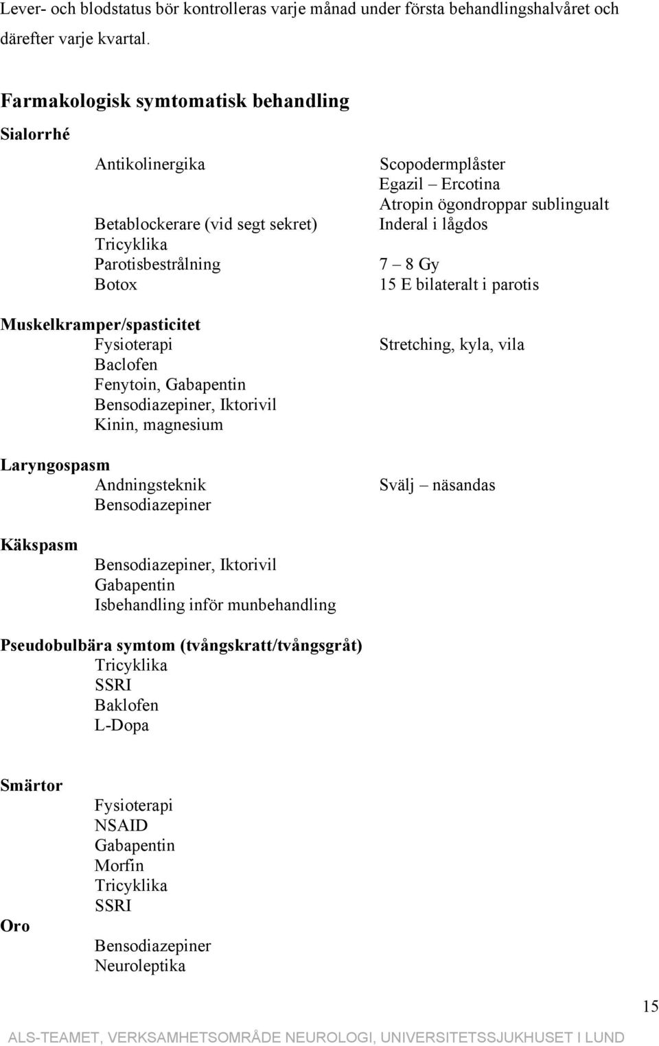 Bensodiazepiner, Iktorivil Kinin, magnesium Laryngospasm Andningsteknik Bensodiazepiner Scopodermplåster Egazil Ercotina Atropin ögondroppar sublingualt Inderal i lågdos 7 8 Gy 15 E bilateralt i