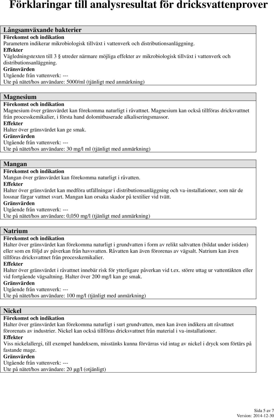 Ute på nätet/hos användare: 5000/ml (tjänligt med anmärkning) Magnesium Magnesium över gränsvärdet kan förekomma naturligt i råvattnet.