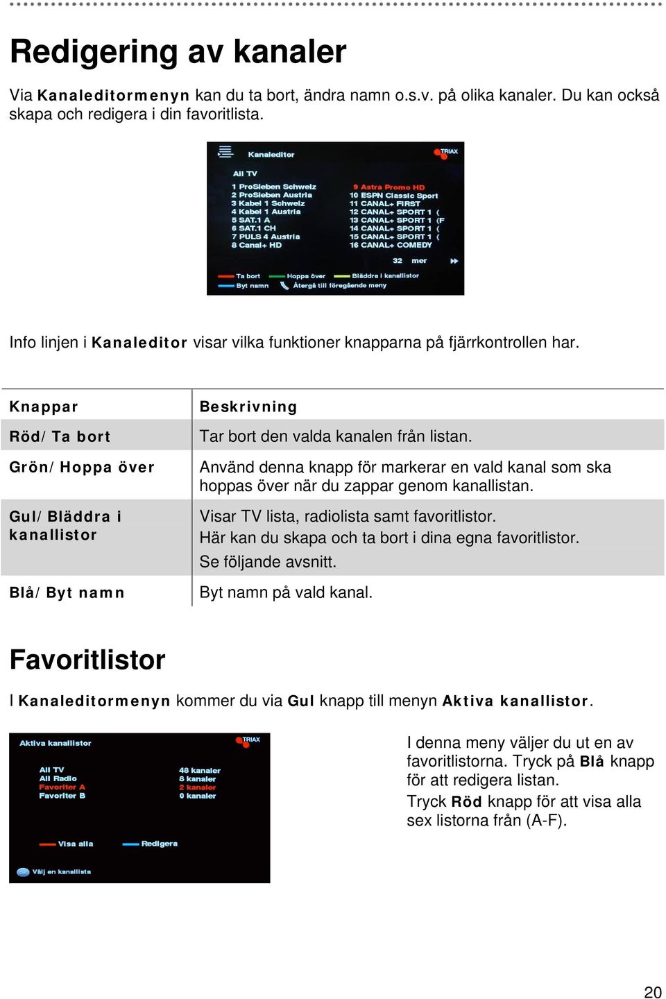 Knappar Röd/Ta bort Grön/Hoppa över Gul/Bläddra i kanallistor Blå/Byt namn Beskrivning Tar bort den valda kanalen från listan.