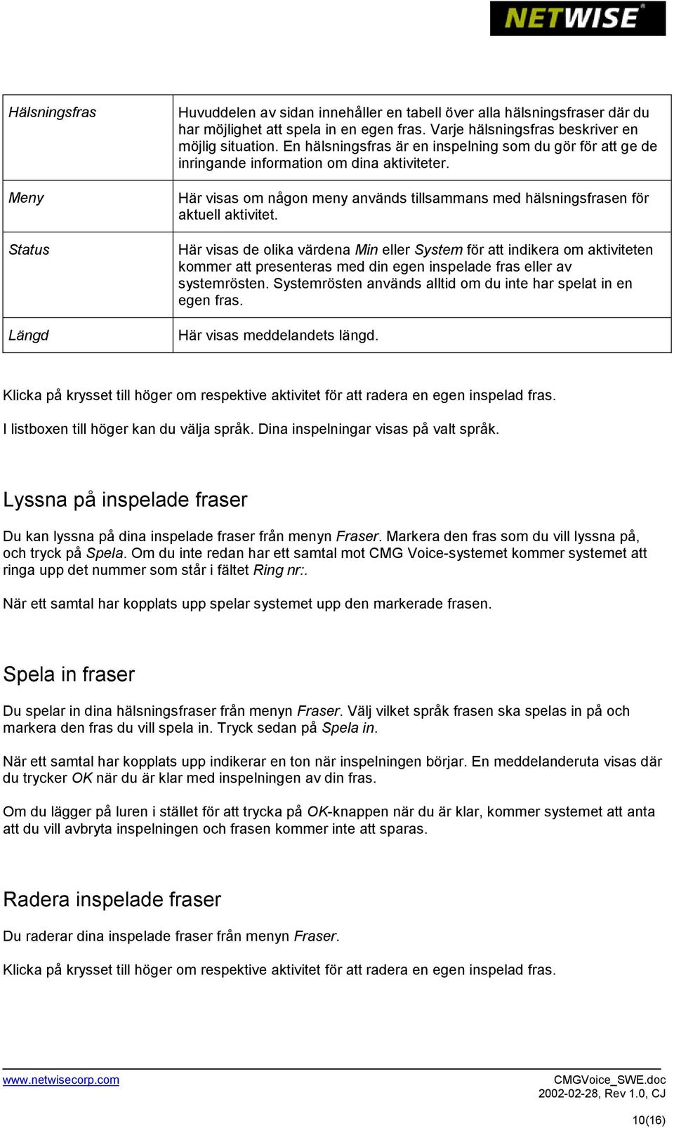 Här visas de olika värdena Min eller System för att indikera om aktiviteten kommer att presenteras med din egen inspelade fras eller av systemrösten.