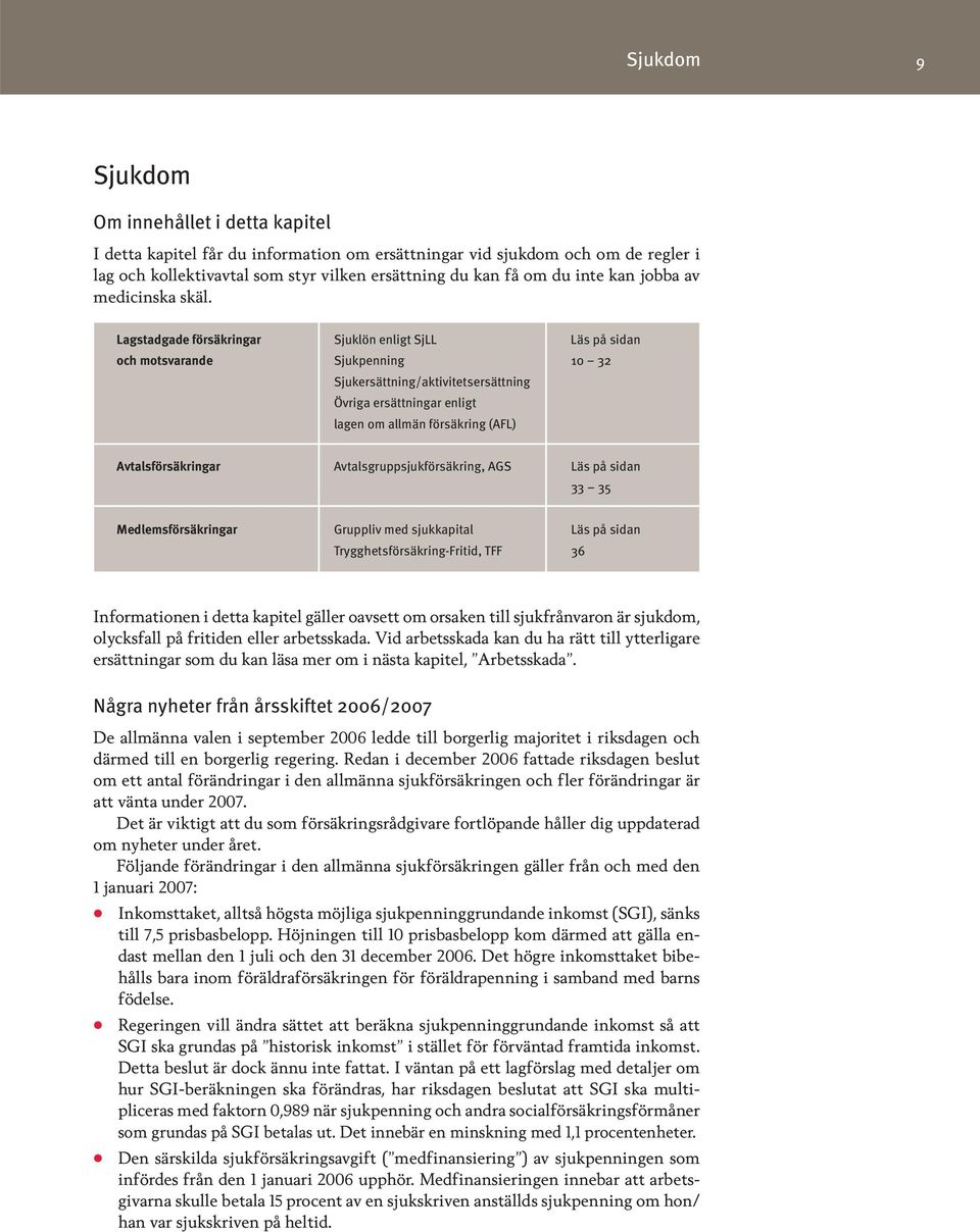 Lagstadgade försäkringar Sjuklön enligt SjLL Läs på sidan och motsvarande Sjukpenning 10 32 Sjukersättning/aktivitetsersättning Övriga ersättningar enligt lagen om allmän försäkring (AFL)