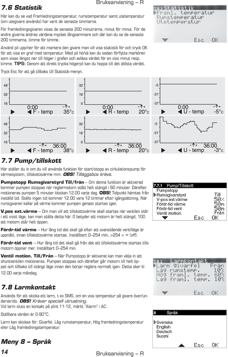 Använd pil upp/ner för att markera den givare man vill visa statistik för och tryck OK för att visa en graf med temperatur.