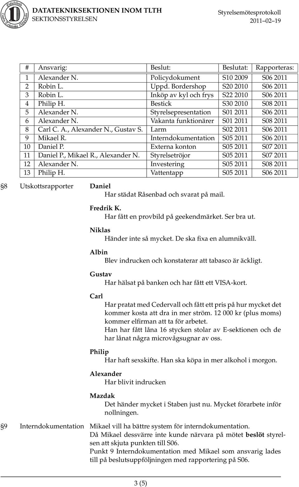 Larm S02 2011 S06 2011 9 Mikael R. Interndokumentation S05 2011 S06 2011 10 Daniel P. Externa konton S05 2011 S07 2011 11 Daniel P., Mikael R., Alexander N.