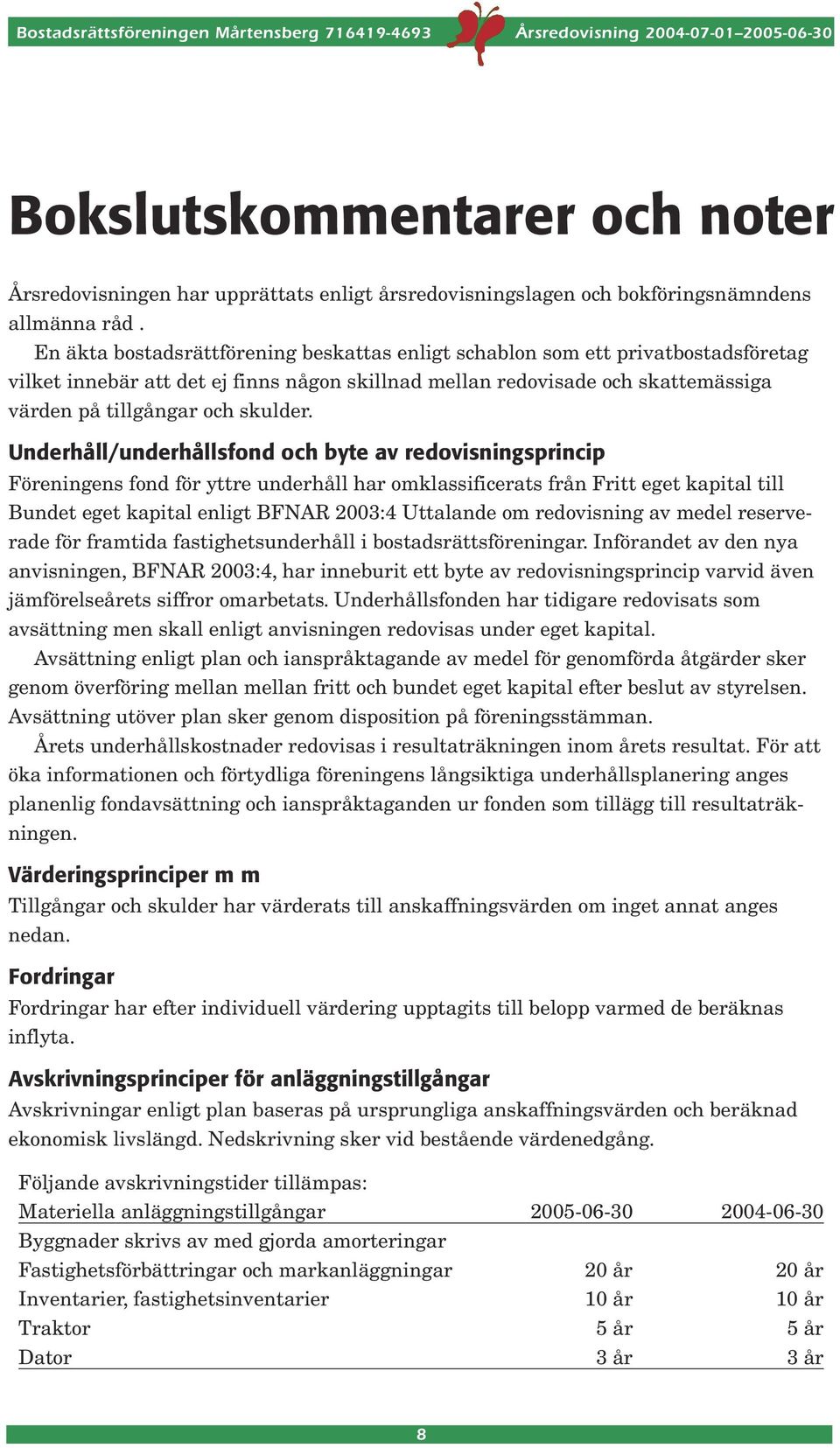 Underhåll/underhållsfond och byte av redovisningsprincip Föreningens fond för yttre underhåll har omklassificerats från Fritt eget kapital till Bundet eget kapital enligt BFNAR 2003:4 Uttalande om