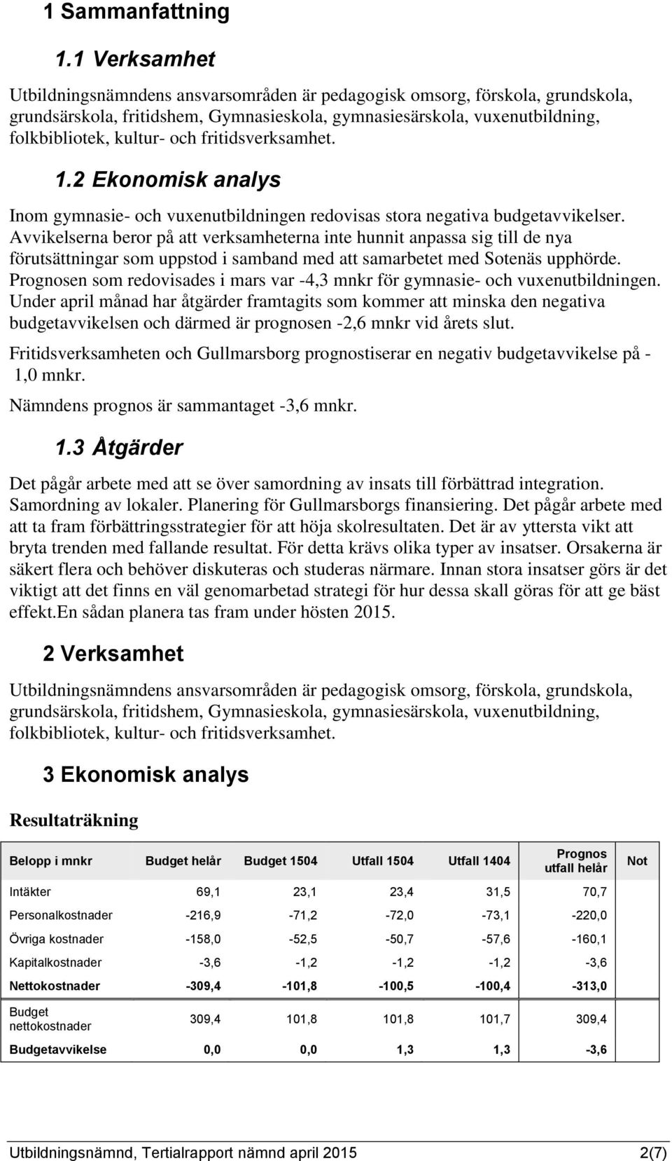 fritidsverksamhet. 1.2 Ekonomisk analys Inom gymnasie- och vuxenutbildningen redovisas stora negativa budgetavvikelser.