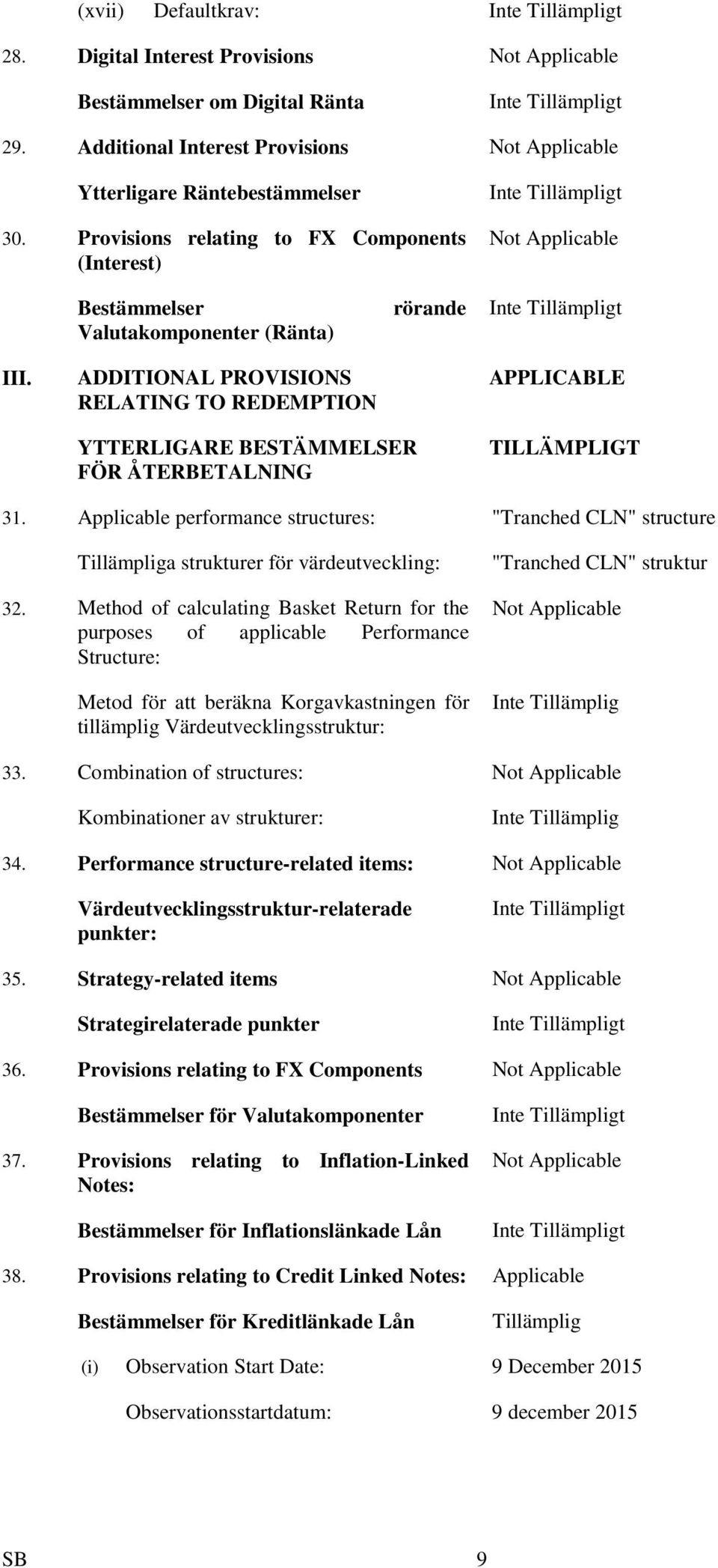 ADDITIONAL PROVISIONS RELATING TO REDEMPTION YTTERLIGARE BESTÄMMELSER FÖR ÅTERBETALNING APPLICABLE TILLÄMPLIGT 31.