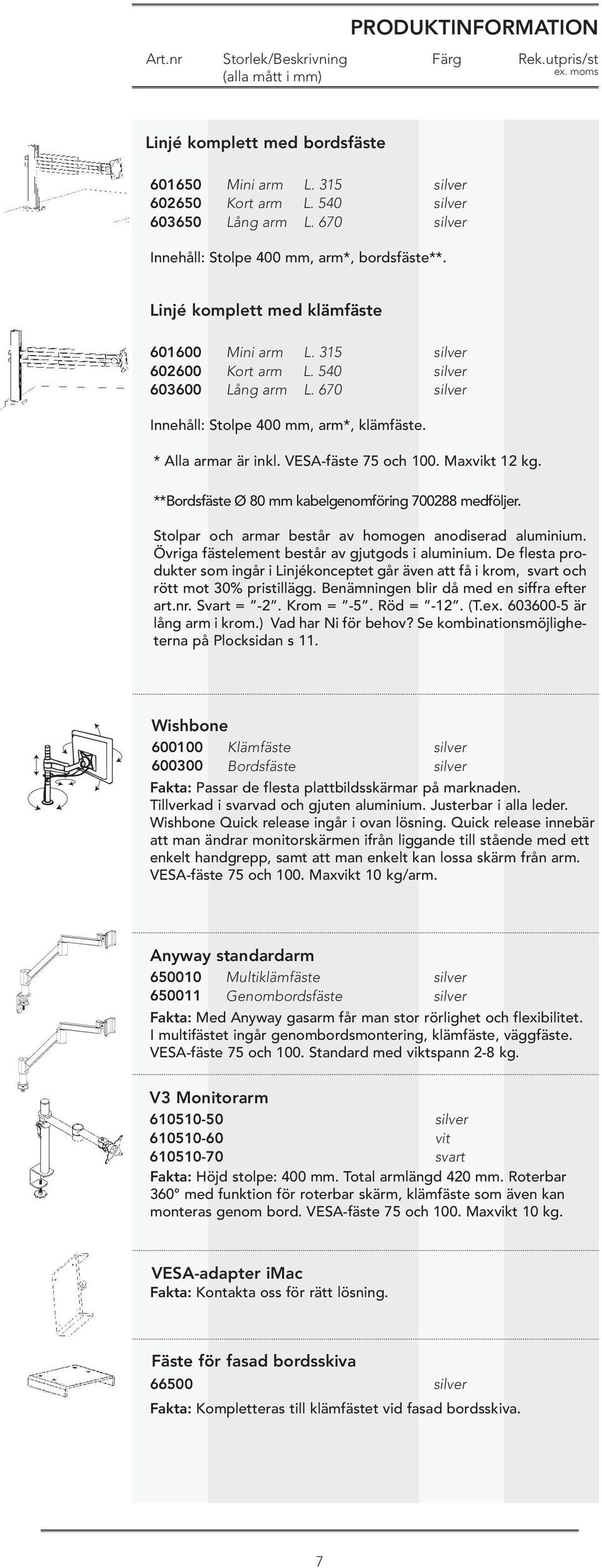 **Bordsfäste Ø 80 mm kabelgenomföring 700288 medföljer. Stolpar och armar består av homogen anodiserad aluminium. Övriga fästelement består av gjutgods i aluminium.