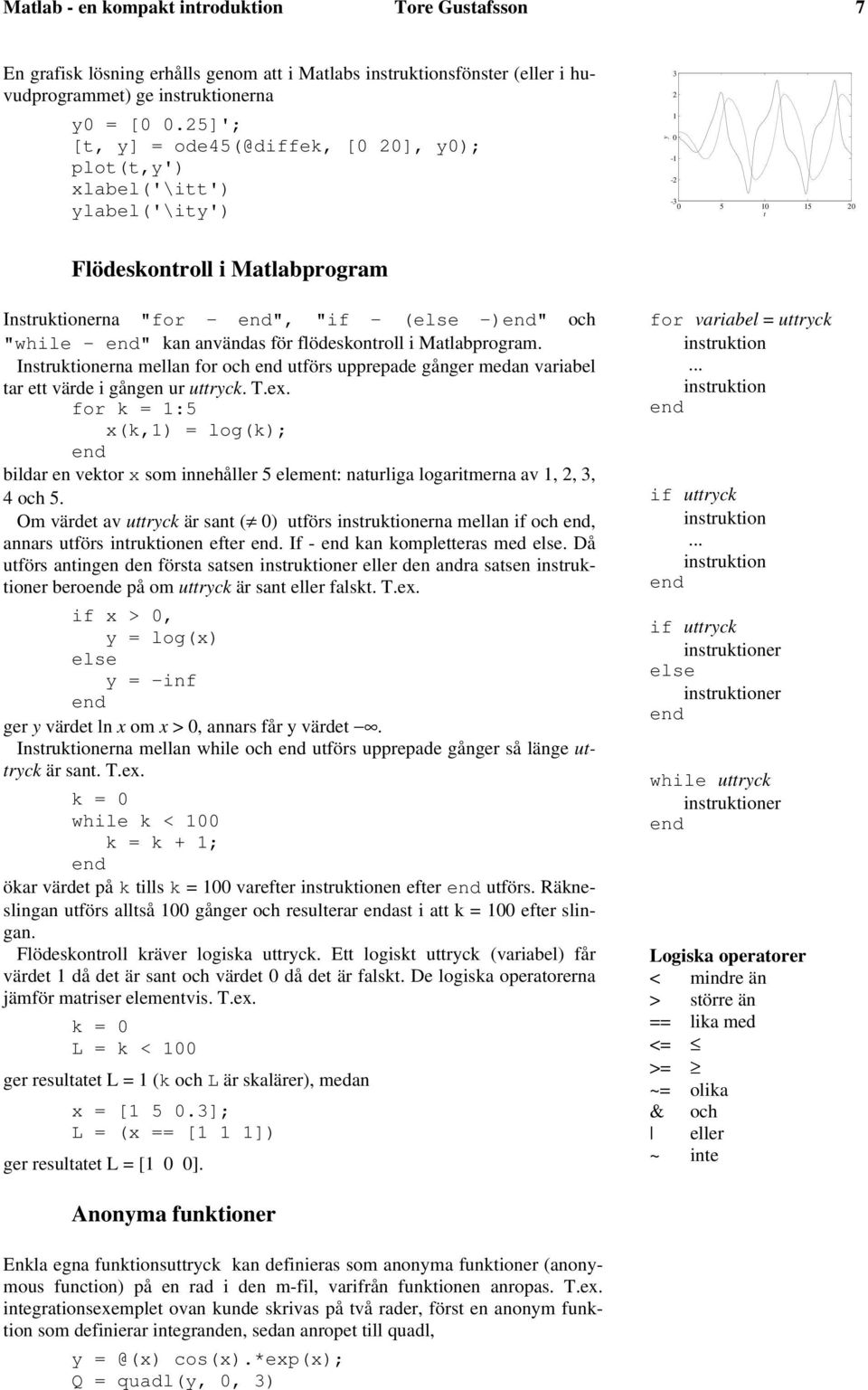 för flödeskontroll i Matlabprogram. Instruktionerna mellan for och utförs upprepade gånger medan variabel tar ett värde i gången ur uttryck. T.ex.