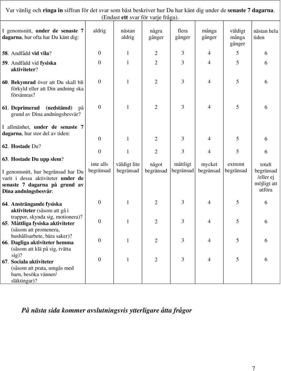 Andfådd vid fysiska aktiviteter?. Bekymrad över att Du skall bli förkyld eller att Din andning ska försämras?. Deprimerad (nedstämd) på grund av Dina andningsbesvär?