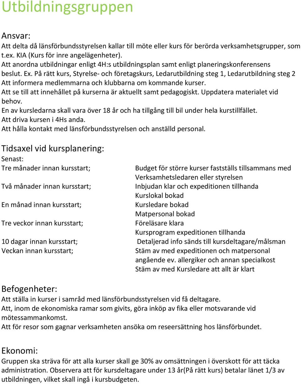 Att se till att innehållet på kurserna är aktuellt samt pedagogiskt. Uppdatera materialet vid behov. En av kursledarna skall vara över 18 år och ha tillgång till bil under hela kurstillfället.