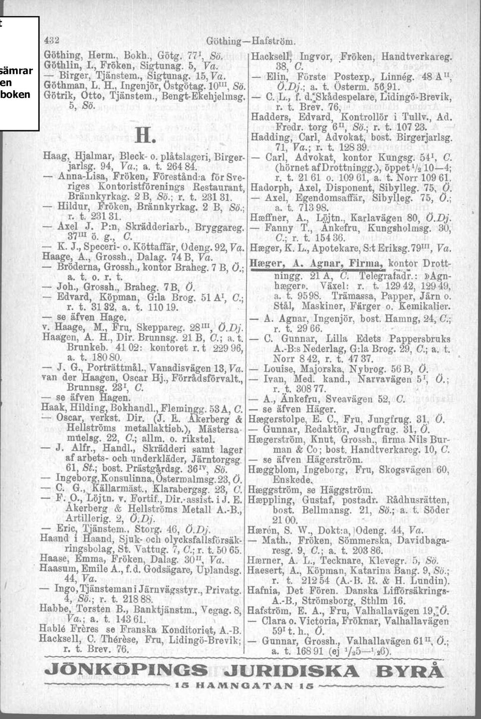 :skådespelare, Lidingö-Brevik, 5, Bä. r. t. Brev. 76, Hadders, Edvard, Kontrollör i Tullv., Ad. Fredr. torg 6 11, so; r. t. 10723. R, Hadding, Carl, Advokat, bost. Birgerjarlsg. 71, Va.; r. t. 12839.