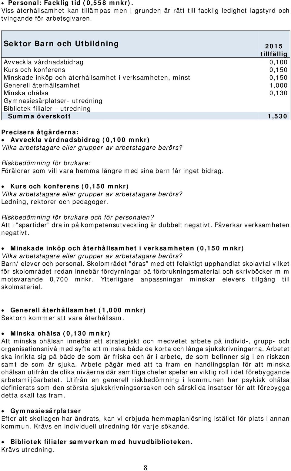 ohälsa 0,130 Gymnasiesärplatser- utredning Bibliotek filialer - utredning Summa överskott 1,530 Precisera åtgärderna: Avveckla vårdnadsbidrag (0,100 mnkr) Riskbedömning för brukare: Föräldrar som