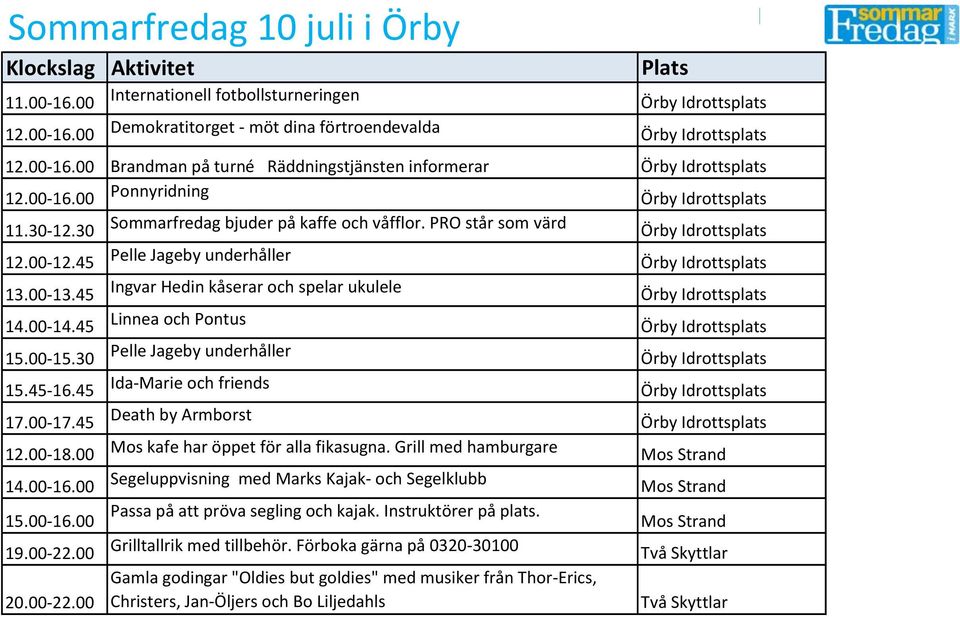 PRO står som värd Örby Idrottsplats 12.00-12.45 Pelle Jageby underhåller Örby Idrottsplats 13.00-13.45 Ingvar Hedin kåserar och spelar ukulele Örby Idrottsplats 14.00-14.