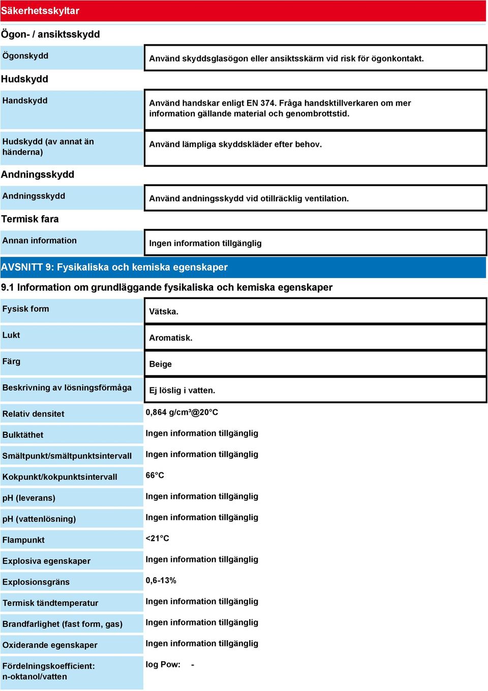 Andningsskydd Andningsskydd Använd andningsskydd vid otillräcklig ventilation. Termisk fara Annan information AVSNITT 9: Fysikaliska och kemiska egenskaper 9.