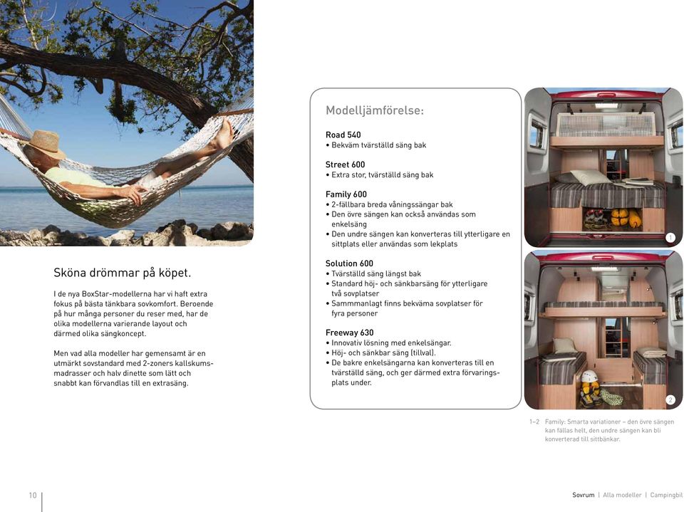 Beroende på hur många personer du reser med, har de olika modellerna varierande layout och därmed olika sängkoncept.