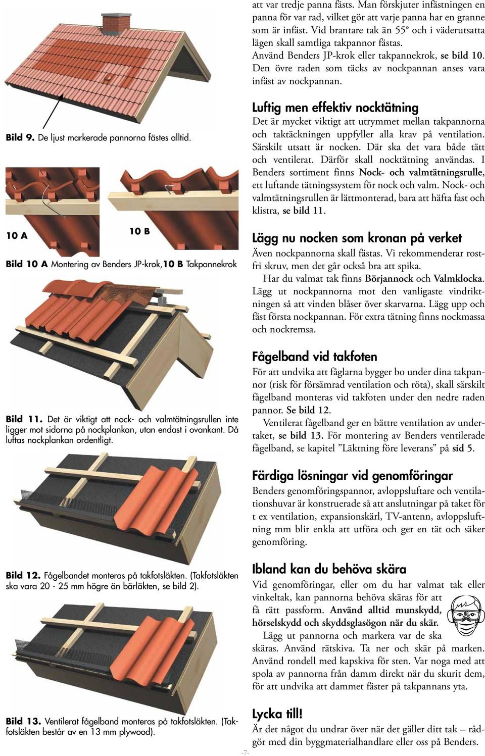 Den övre raden som täcks av nockpannan anses vara infäst av nockpannan. Bild 9. De ljust markerade pannorna fästes alltid. 10 A 10 B Bild 10 A Montering av Benders JP-krok,10 B Takpannekrok Bild 11.