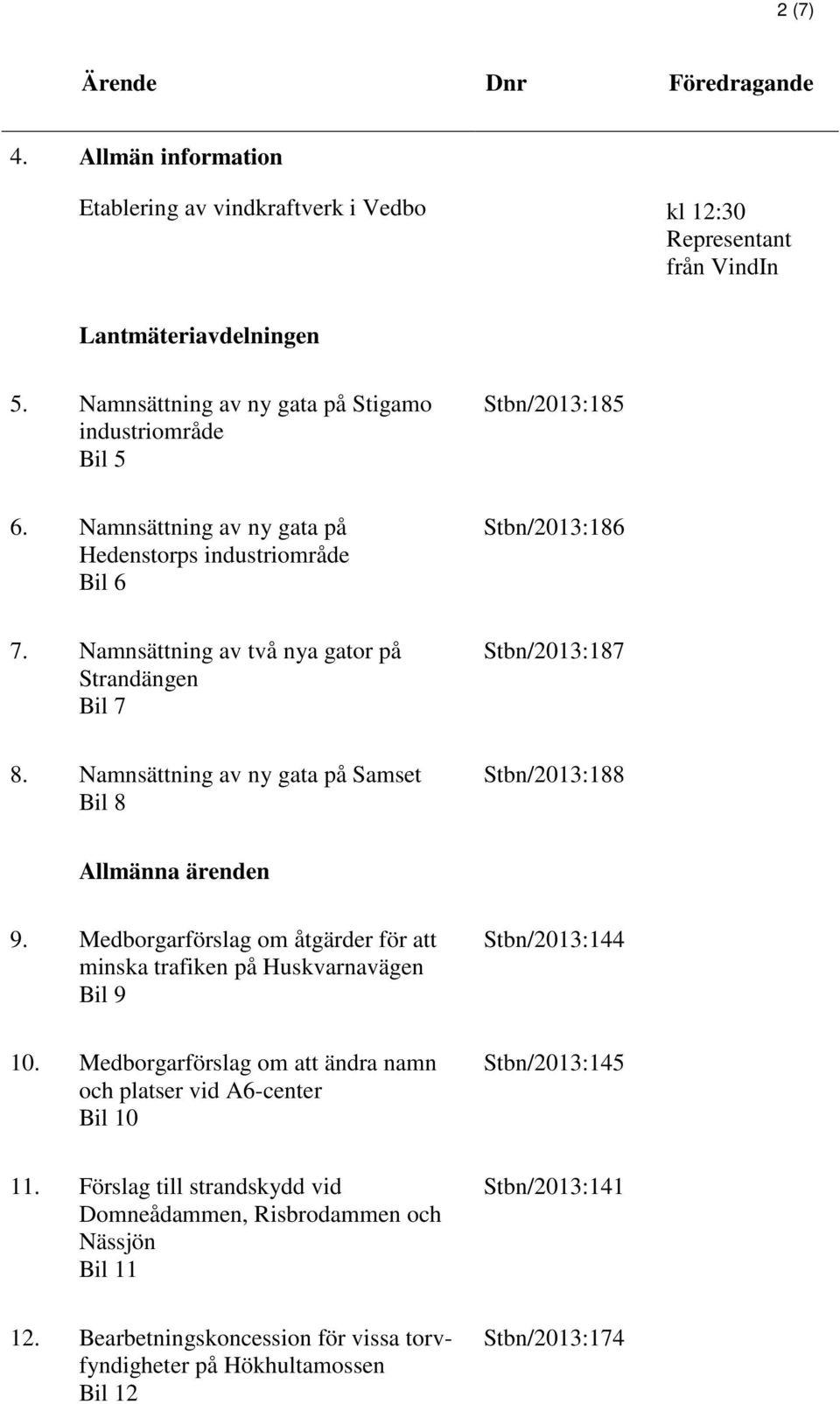 Namnsättning av två nya gator på Strandängen Bil 7 Stbn/2013:187 8. Namnsättning av ny gata på Samset Bil 8 Stbn/2013:188 Allmänna ärenden 9.