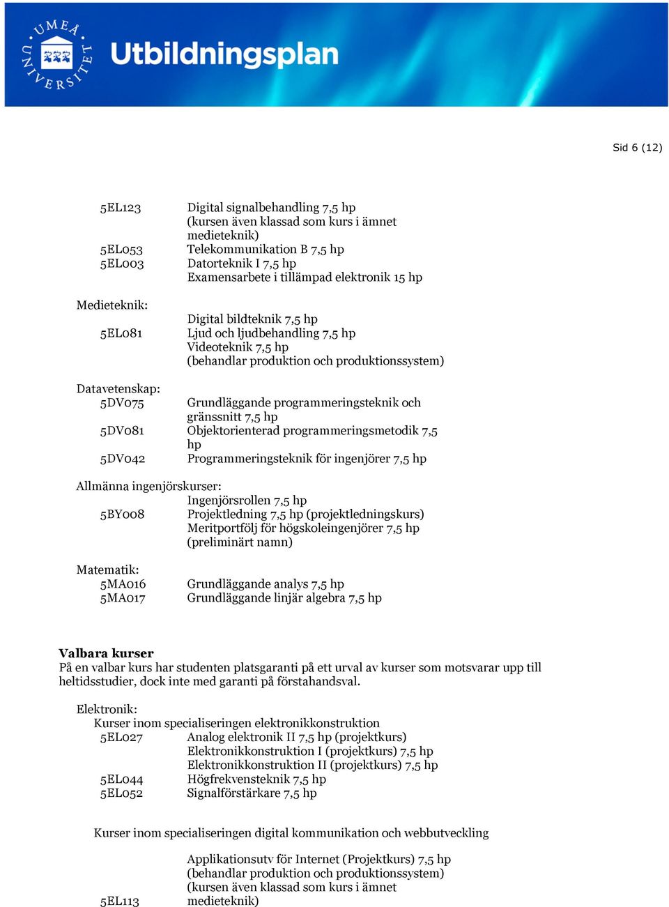hp 5DV081 Objektorienterad programmeringsmetodik 7,5 hp 5DV042 Programmeringsteknik för ingenjörer 7,5 hp Allmänna ingenjörskurser: ngenjörsrollen 7,5 hp 5BY008 Projektledning 7,5 hp