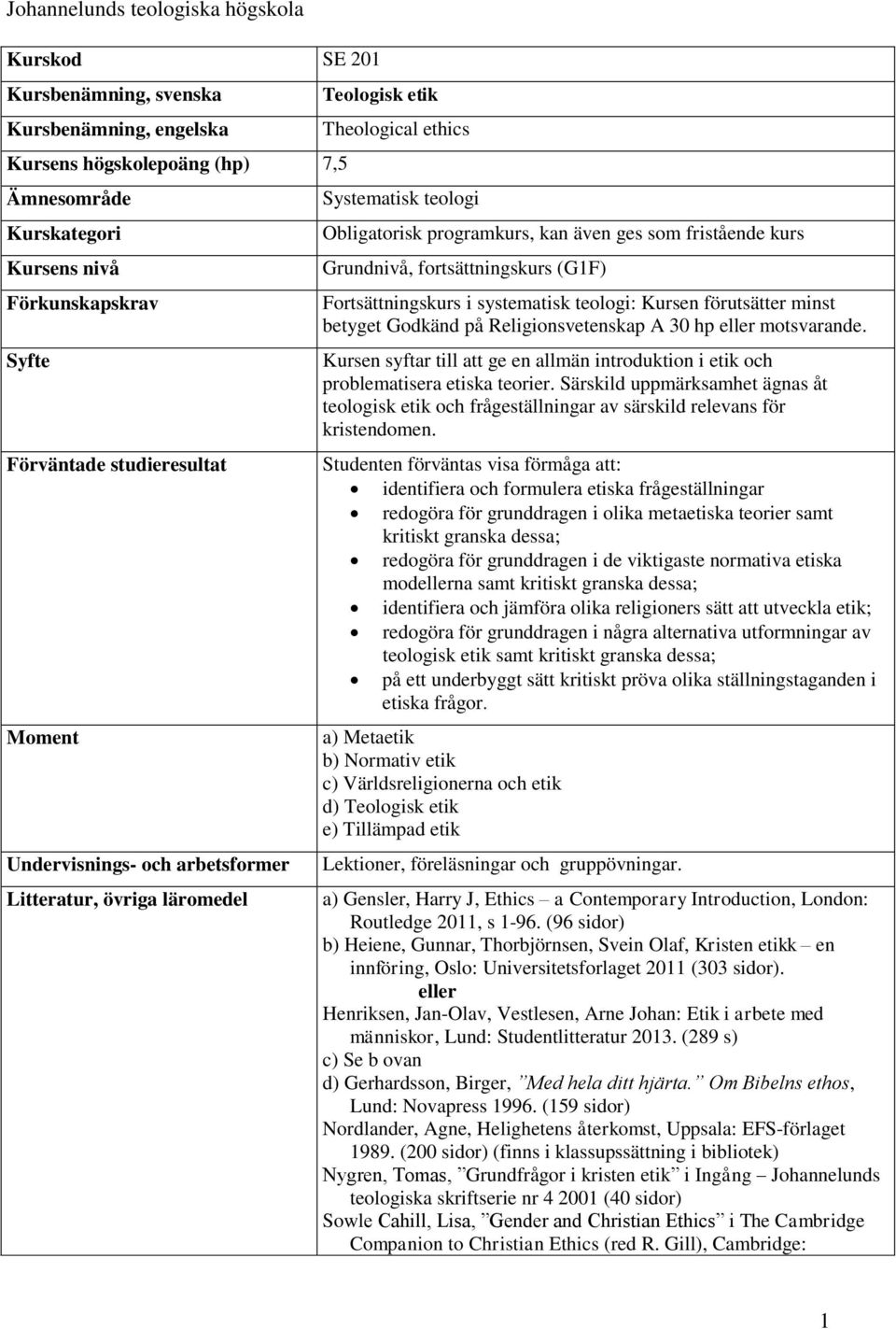 Grundnivå, fortsättningskurs (G1F) Fortsättningskurs i systematisk teologi: Kursen förutsätter minst betyget Godkänd på Religionsvetenskap A 30 hp eller motsvarande.