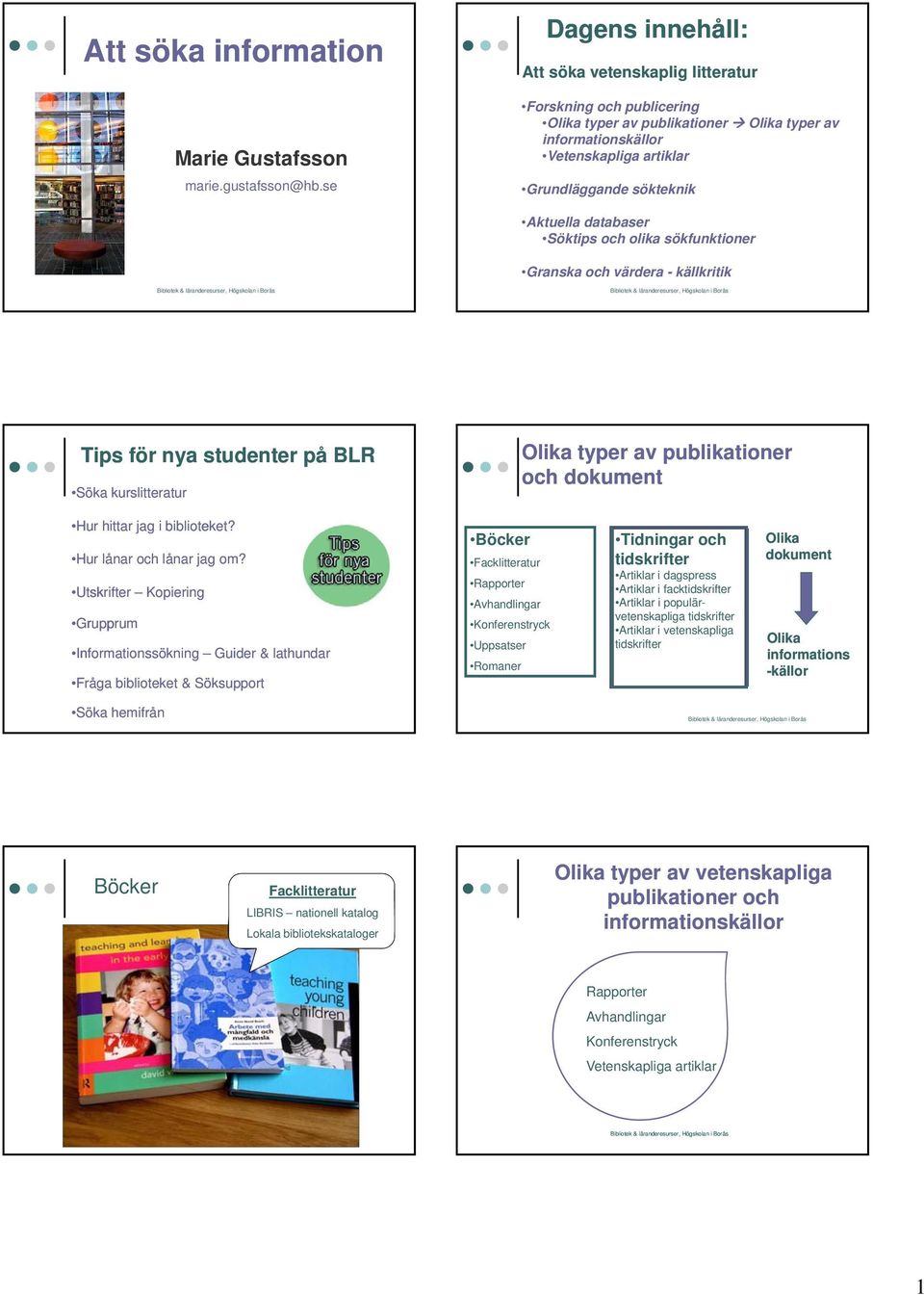 databaser Söktips och olika sökfunktioner Granska och värdera - källkritik Tips för nya studenter på BLR Söka kurslitteratur Olika typer av publikationer och dokument Hur hittar jag i biblioteket?