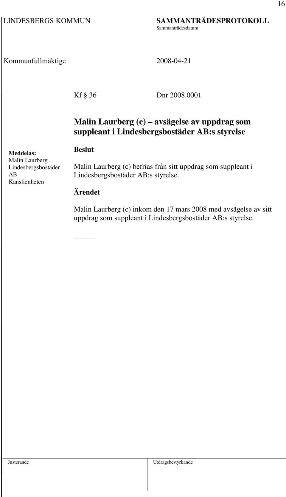 Laurberg Lindesbergsbostäder AB Kanslienheten Malin Laurberg (c) befrias från sitt uppdrag som