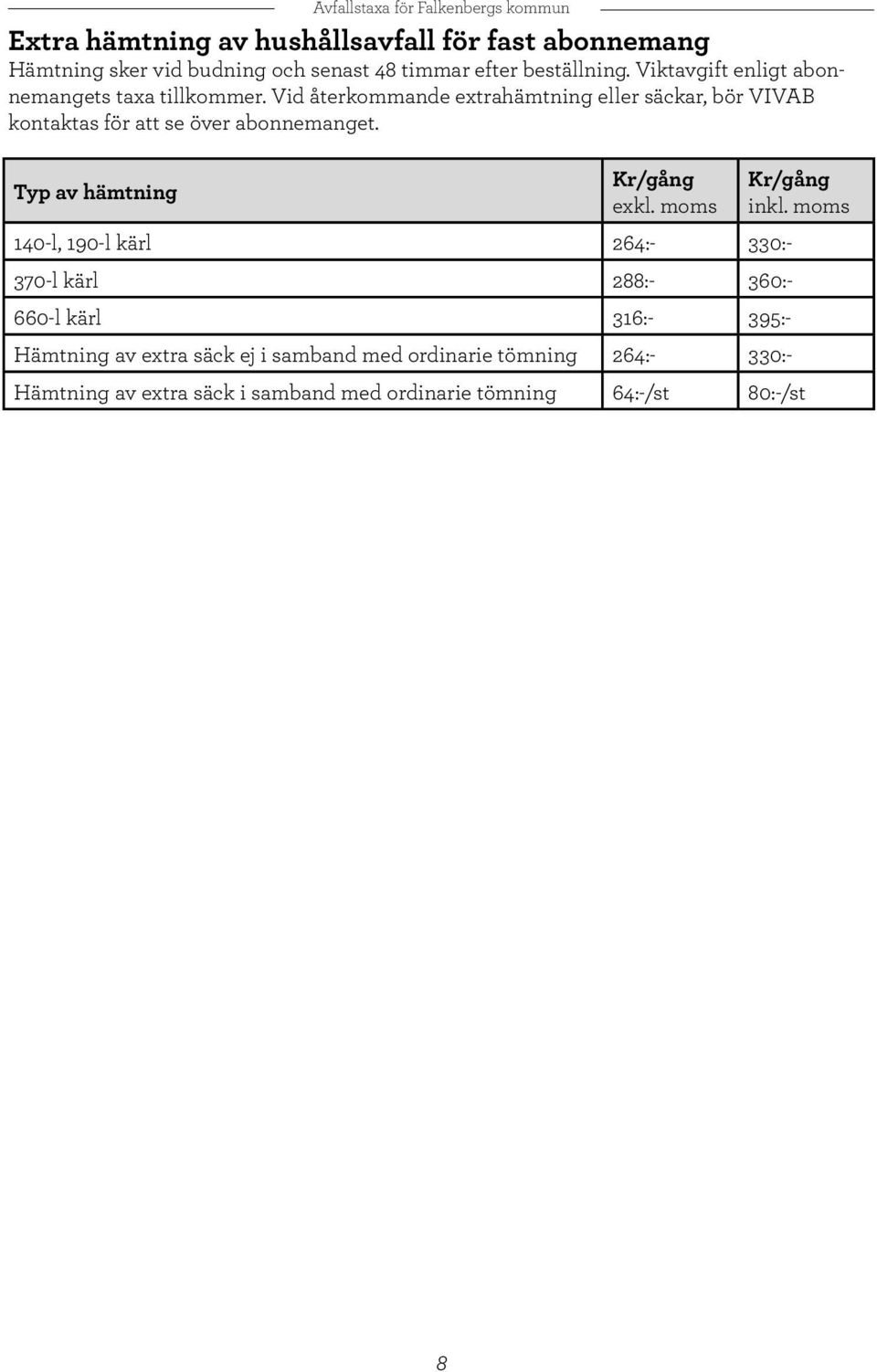 Vid återkommande extrahämtning eller säckar, bör VIVAB kontaktas för att se över abonnemanget. Typ av hämtning exkl. moms inkl.