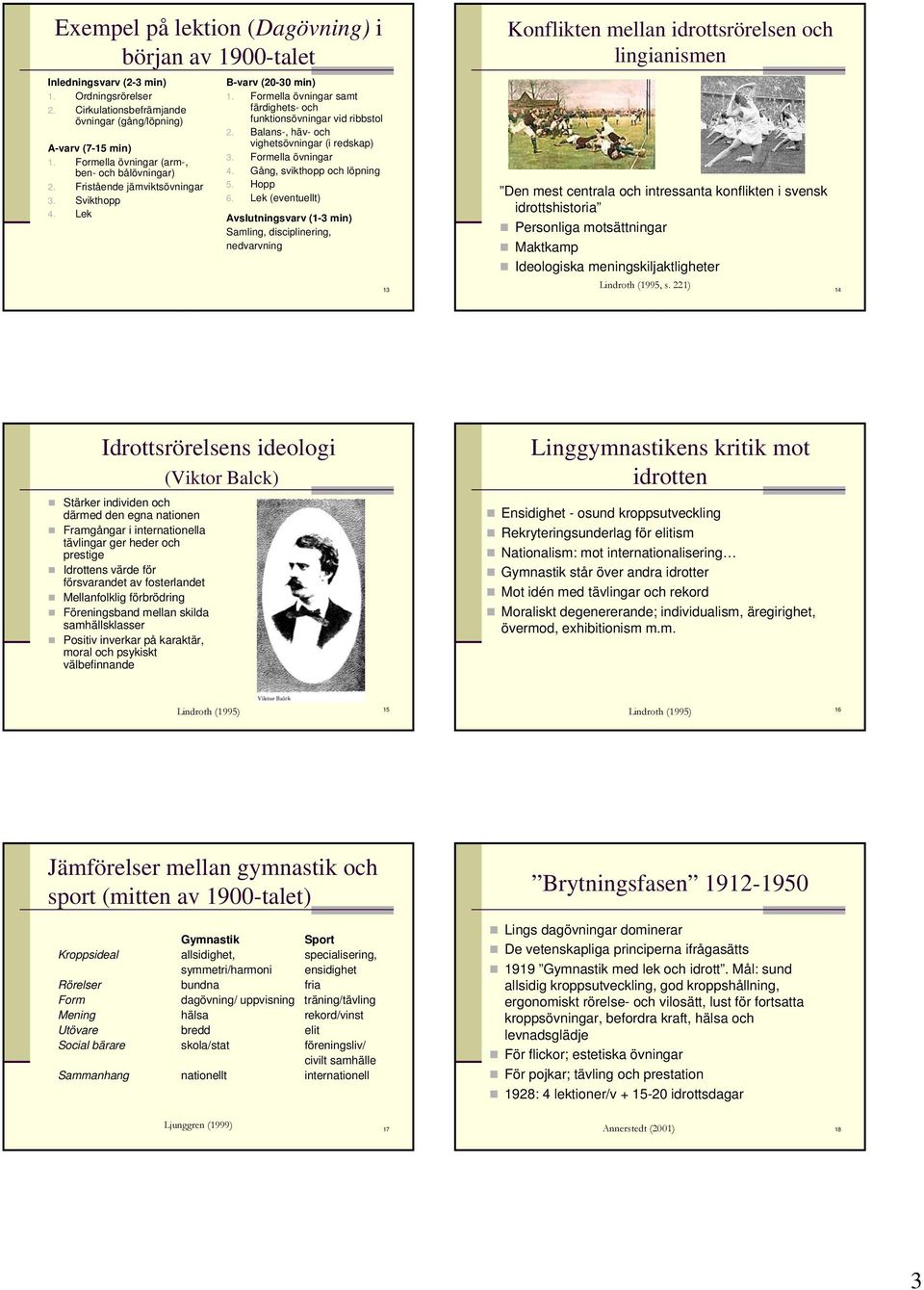 Balans-, häv- och vighetsövningar (i redskap) 3. Formella övningar 4. Gång, svikthopp och löpning 5. Hopp 6.