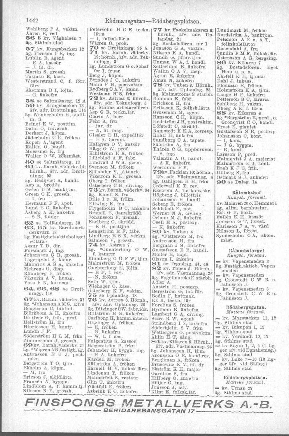 96 A Jonason G A, vaktm. Rosendahl A, fru äg" Persson r B, ing. 71 kv. Barnh. väderkv. Nilsson K A, handl. Sundin P M F, folksk.lär. LubJin B, agent 19;hörnh., äfv, adr, 'I'ek- Sundh G, järnv.tj.