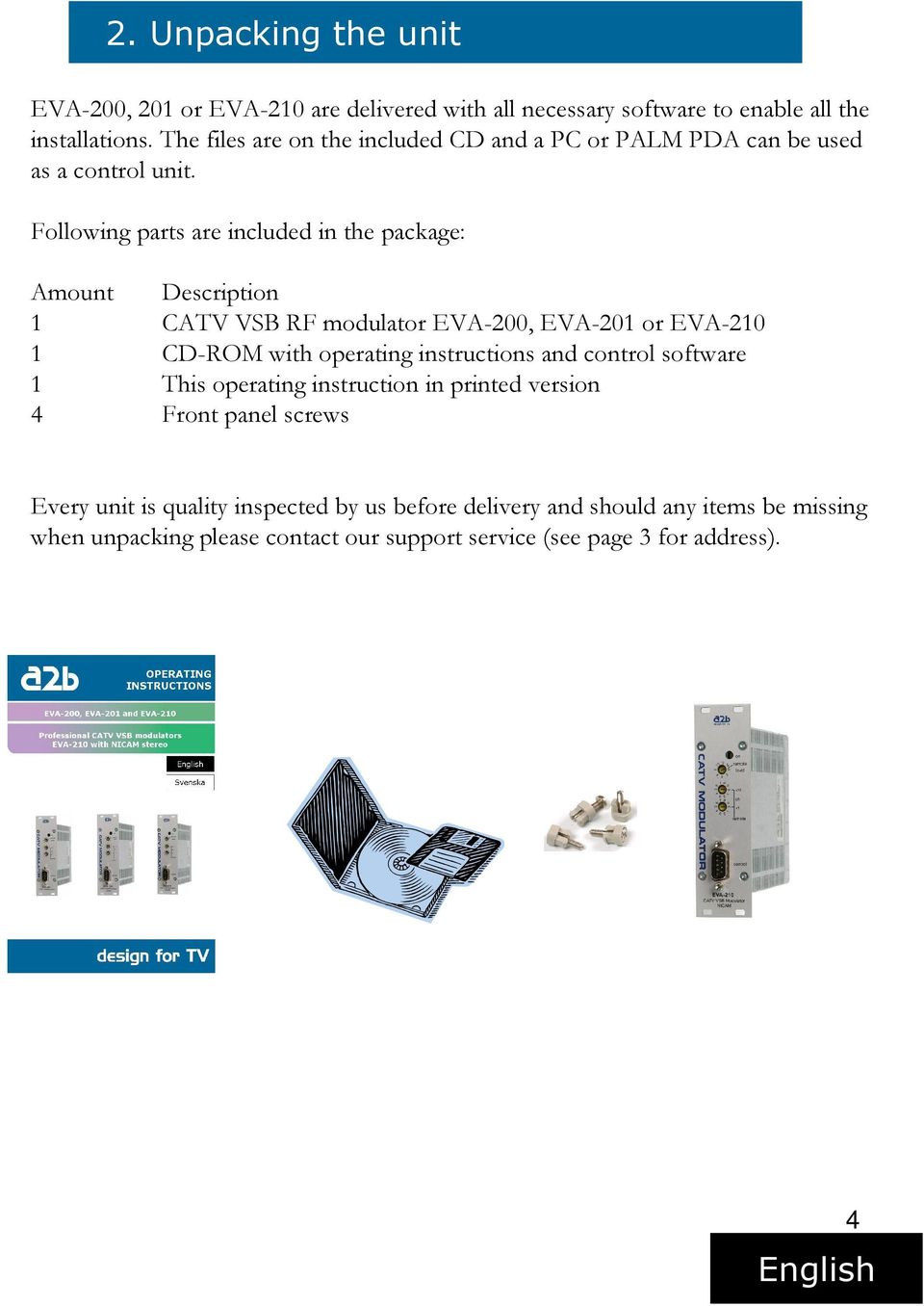 Following parts are included in the package: Amount Description 1 CATV VSB RF modulator EVA-200, EVA-201 or EVA-210 1 CD-ROM with operating instructions