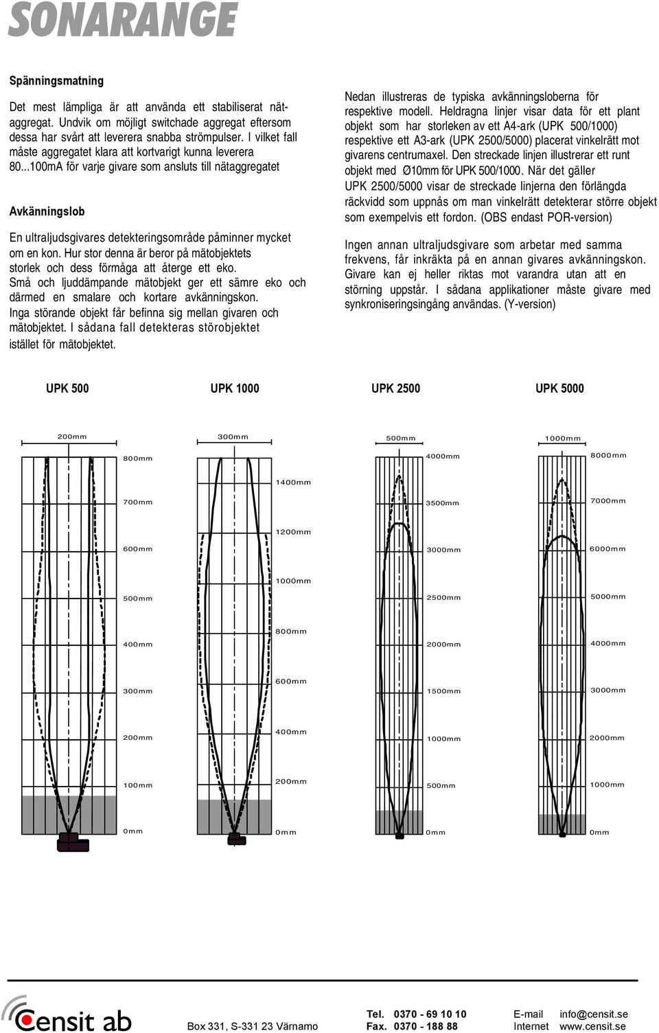 ..100mA för varje givare som ansluts till nätaggregatet Avkänningslob En ultraljudsgivares detekteringsområde påminner mycket om en kon.