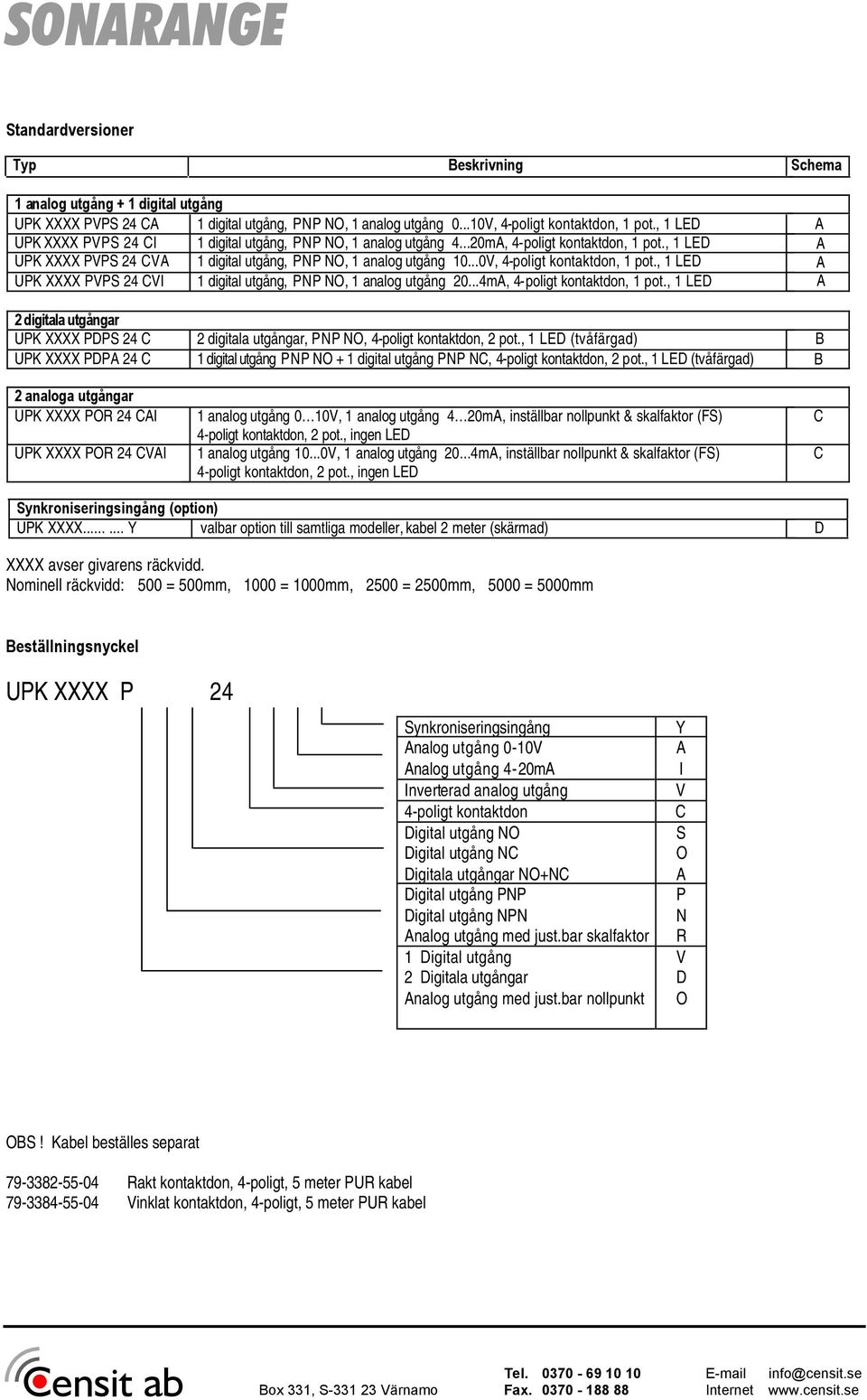 ..0V, 4-poligt kontaktdon, 1 pot., 1 LED A UPK XXXX PVPS 24 VI 1 digital utgång, PNP NO, 1 analog utgång 20...4mA, 4-poligt kontaktdon, 1 pot.