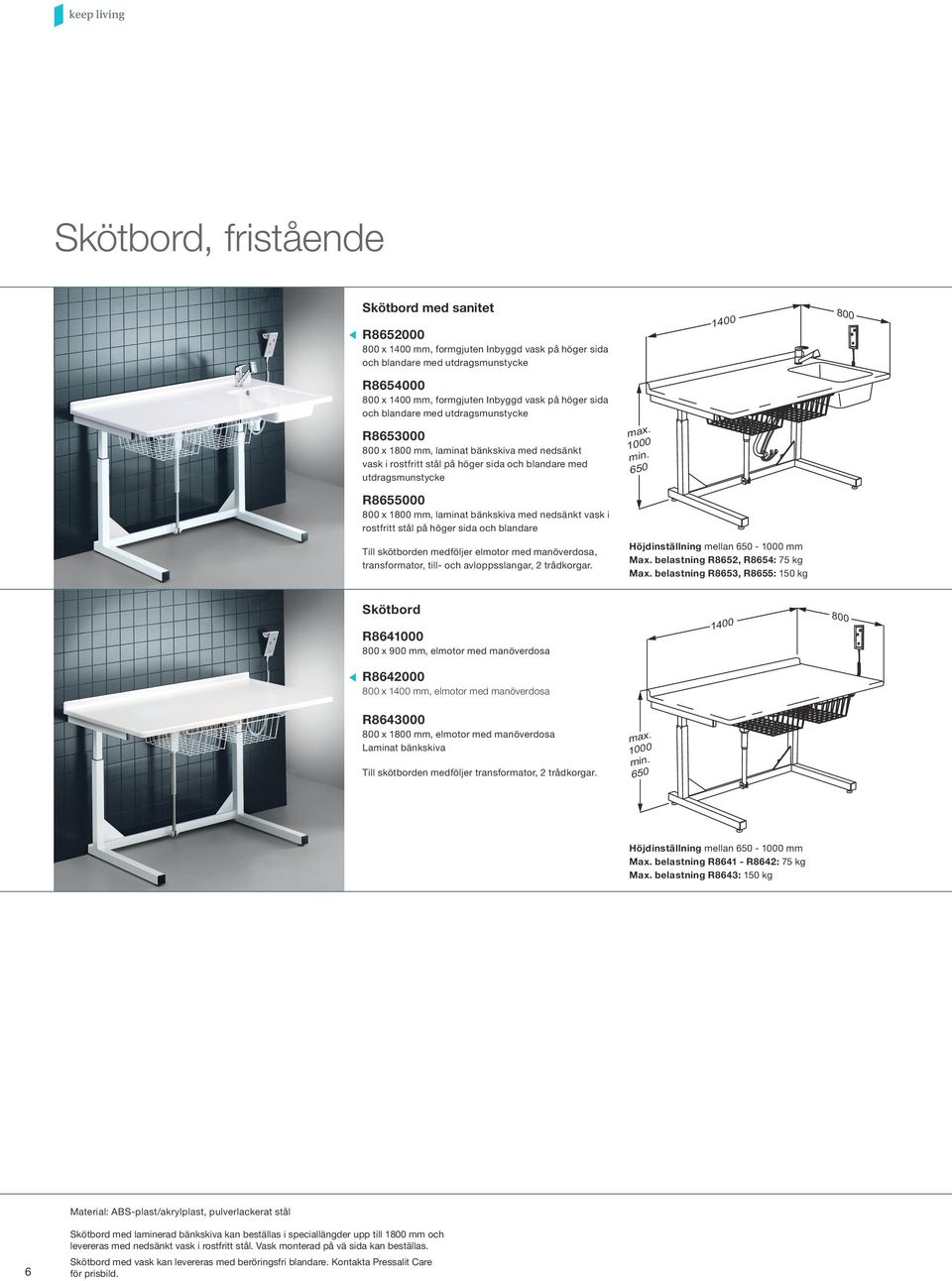 650 R8655000 x 1 mm, laminat bänkskiva med nedsänkt vask i rostfritt stål på höger sida och blandare Till skötborden medföljer elmotor med manöverdosa, transformator, till- och avloppsslangar, 2