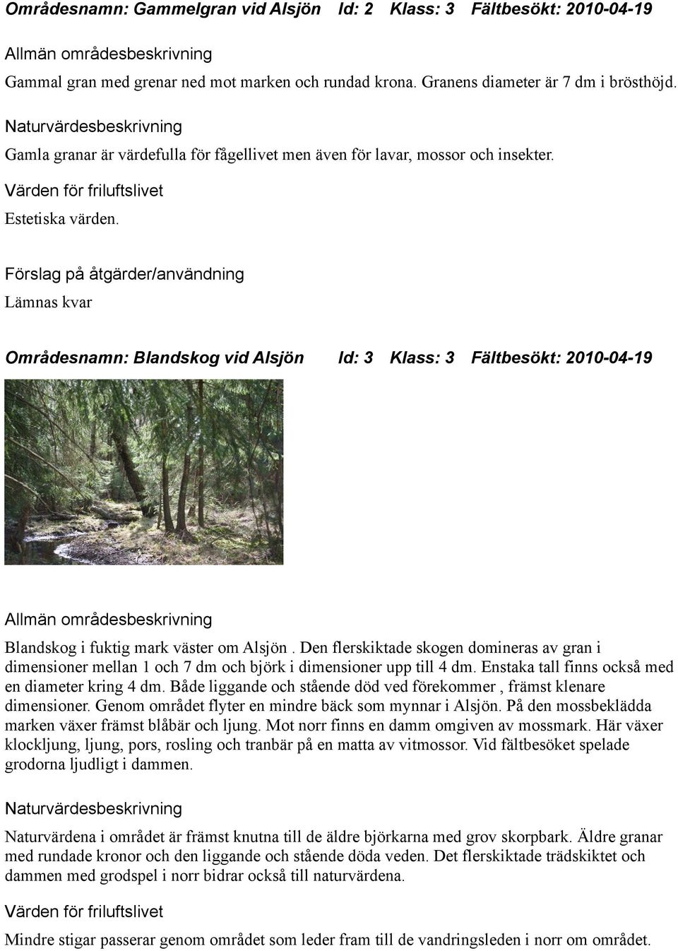 Lämnas kvar Områdesnamn: Blandskog vid Alsjön Id: Klass: Fältbesökt: 2010-04-19 Blandskog i fuktig mark väster om Alsjön.