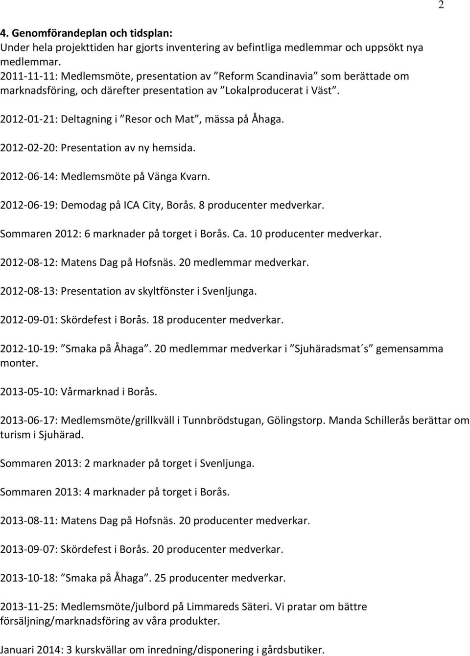 2012-01-21: Deltagning i Resor och Mat, mässa på Åhaga. 2012-02-20: Presentation av ny hemsida. 2012-06-14: Medlemsmöte på Vänga Kvarn. 2012-06-19: Demodag på ICA City, Borås. 8 producenter medverkar.