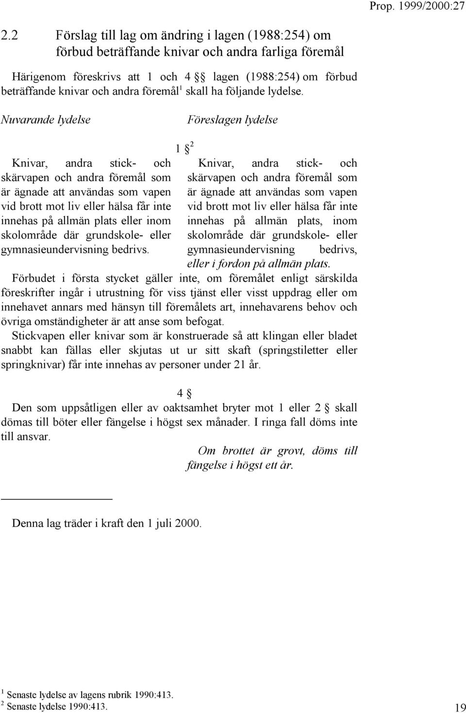 Nuvarande lydelse Föreslagen lydelse Knivar, andra stick- och skärvapen och andra föremål som är ägnade att användas som vapen vid brott mot liv eller hälsa får inte innehas på allmän plats eller