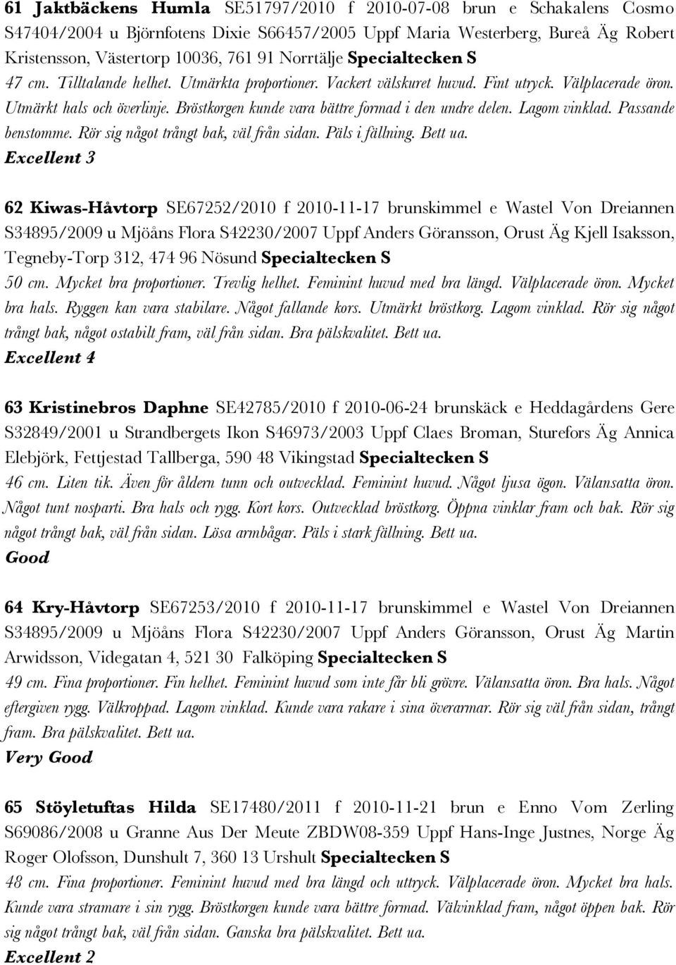 Bröstkorgen kunde vara bättre formad i den undre delen. Lagom vinklad. Passande benstomme. Rör sig något trångt bak, väl från sidan. Päls i fällning. Bett ua.