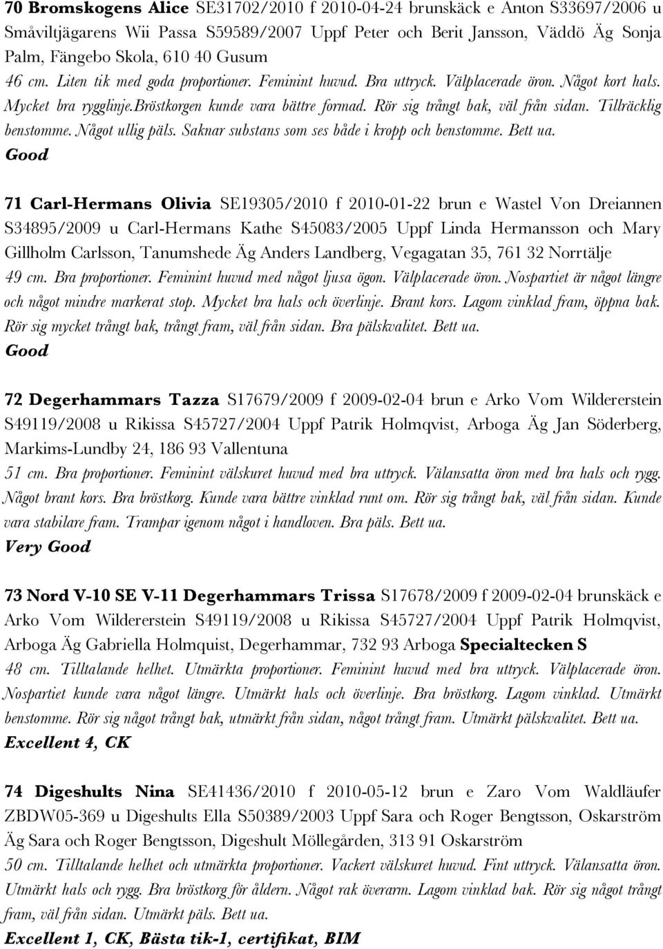 Tillräcklig benstomme. Något ullig päls. Saknar substans som ses både i kropp och benstomme. Bett ua.