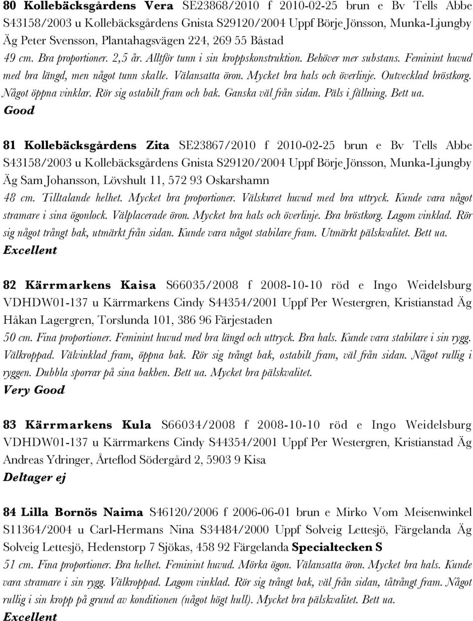 Mycket bra hals och överlinje. Outvecklad bröstkorg. Något öppna vinklar. Rör sig ostabilt fram och bak. Ganska väl från sidan. Päls i fällning. Bett ua.