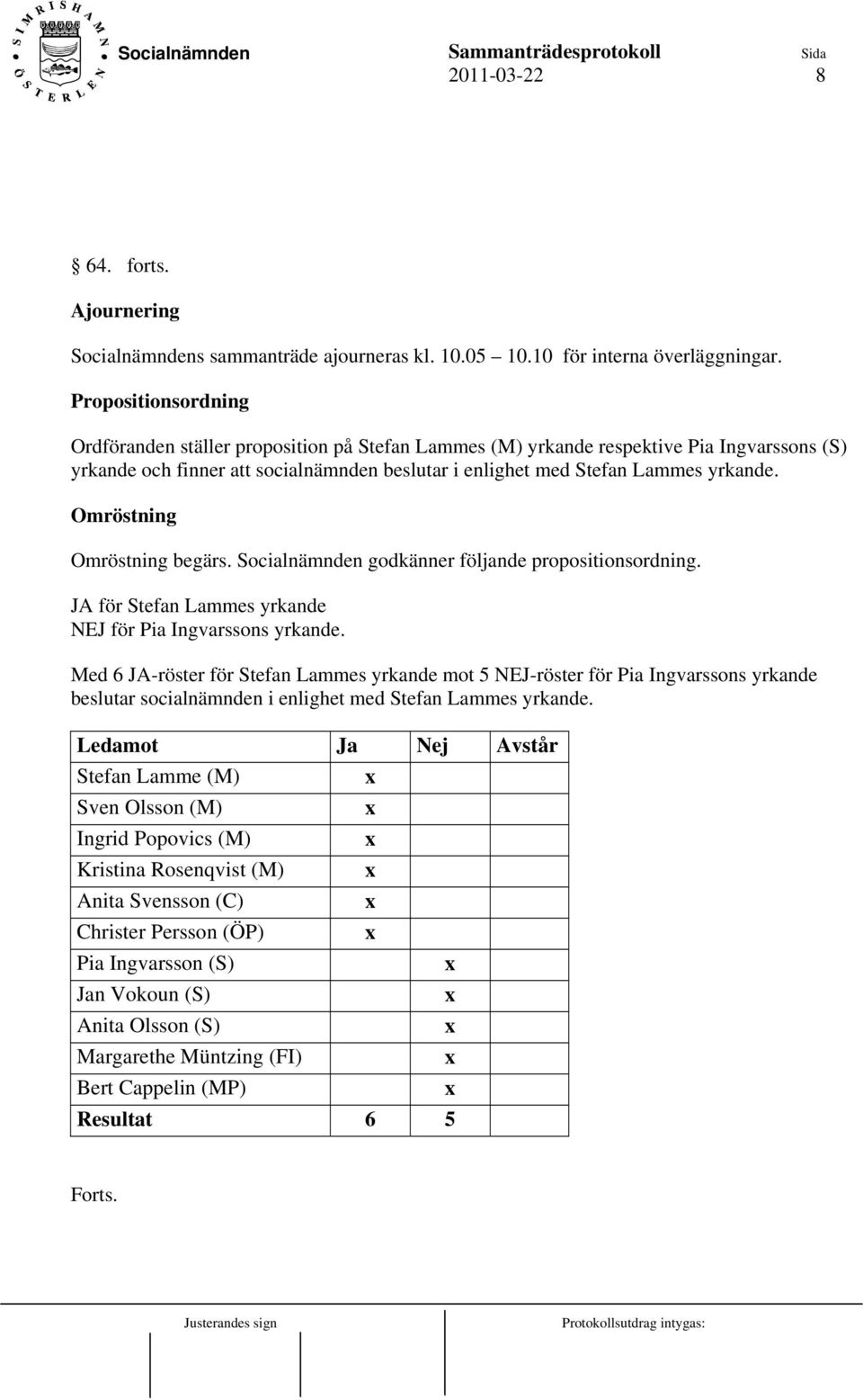 Omröstning Omröstning begärs. Socialnämnden godkänner följande propositionsordning. JA för Stefan Lammes yrkande NEJ för Pia Ingvarssons yrkande.