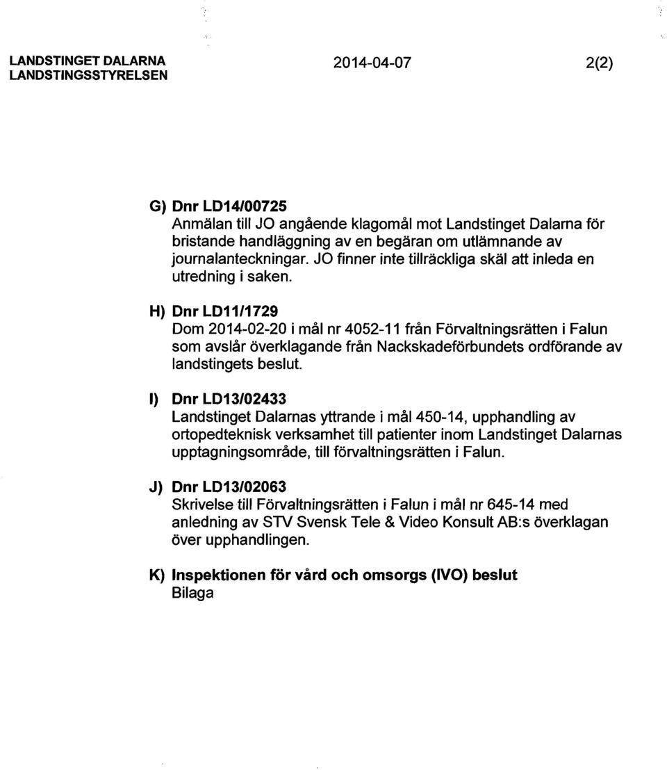 H) Dnr LD11/1729 Dom 2014-02-20 i mål nr 4052-11 från Förvaltningsrätten i Falun som avslår överklagande från Nackskadeförbundets ordförande av landstingets beslut.