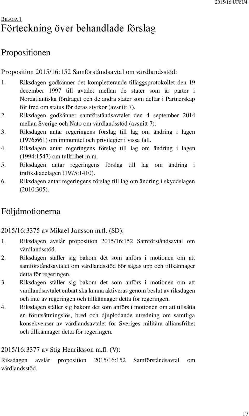 fred om status för deras styrkor (avsnitt 7). 2. Riksdagen godkänner samförståndsavtalet den 4 september 2014 mellan Sverige och Nato om värdlandsstöd (avsnitt 7). 3.